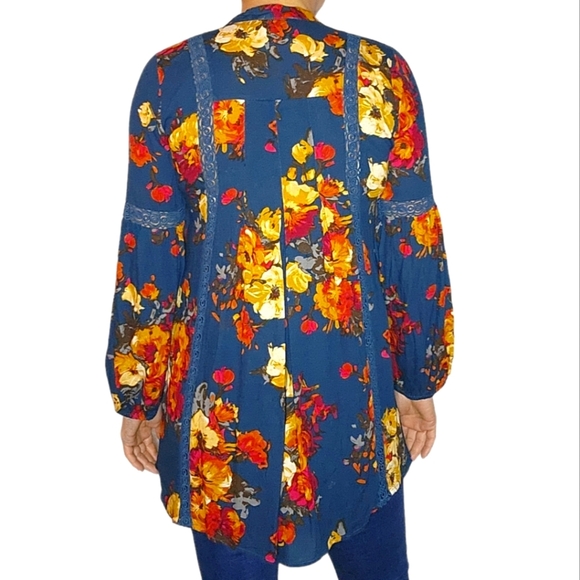 Blu Pepper Size Small Boho Floral Long Sleeve Blouse Blue Orange - Picture 2 of 5